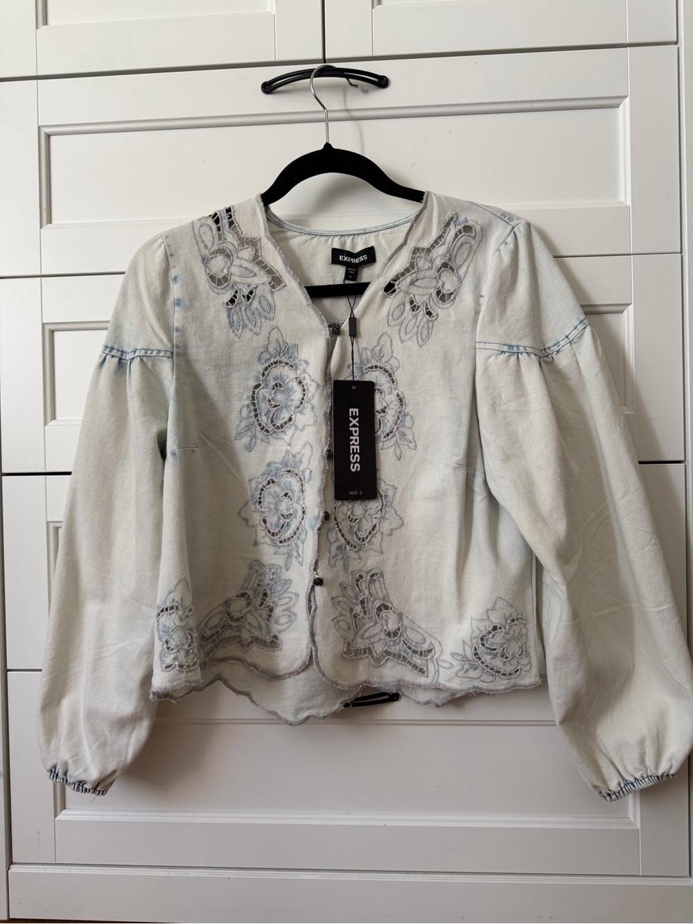Express Cream Embroidered Peasant Blouse with Blue Accents